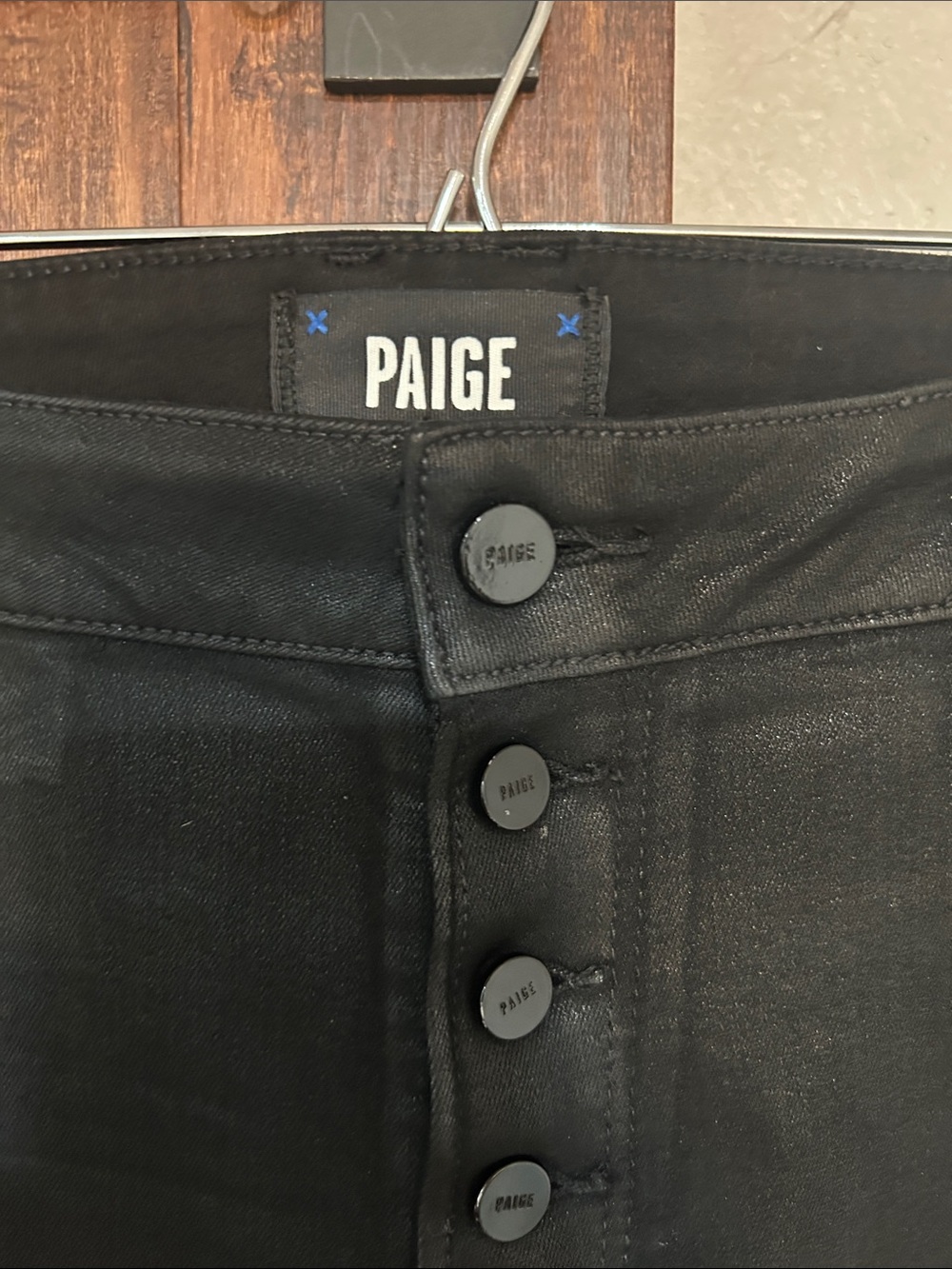 PAIGE Black High-Rise Coated Skinny Jeans with Button Detail
